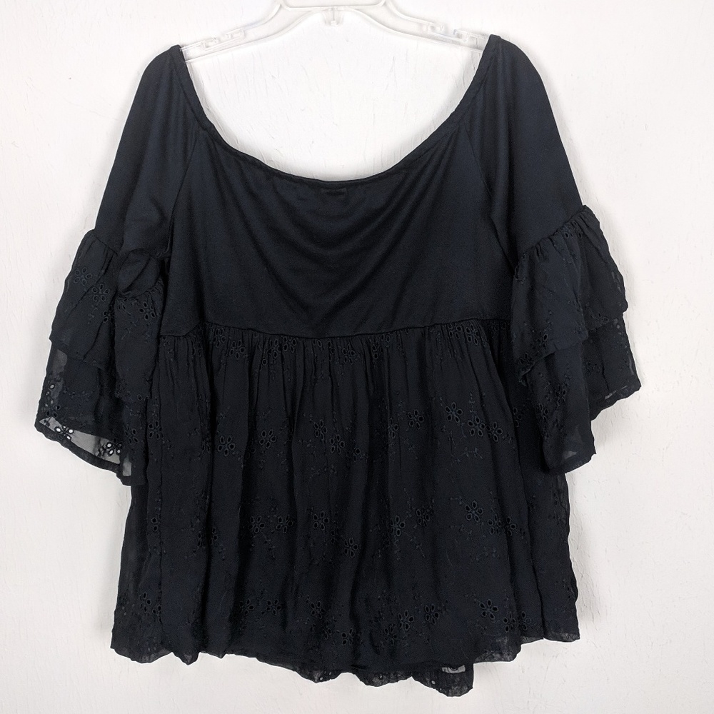 Kaari Blue Curvy Eyelet Bell Sleeve Boho Top 2x